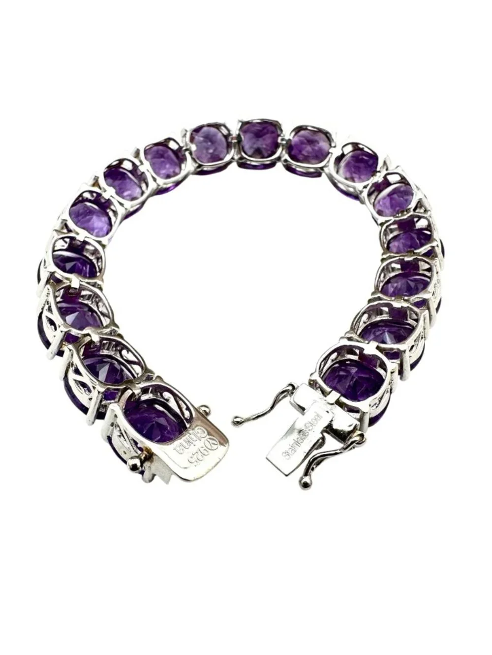 African Amethyst Sterling Silver Bracelet 55 Carats Cushion Cut Checkerboard